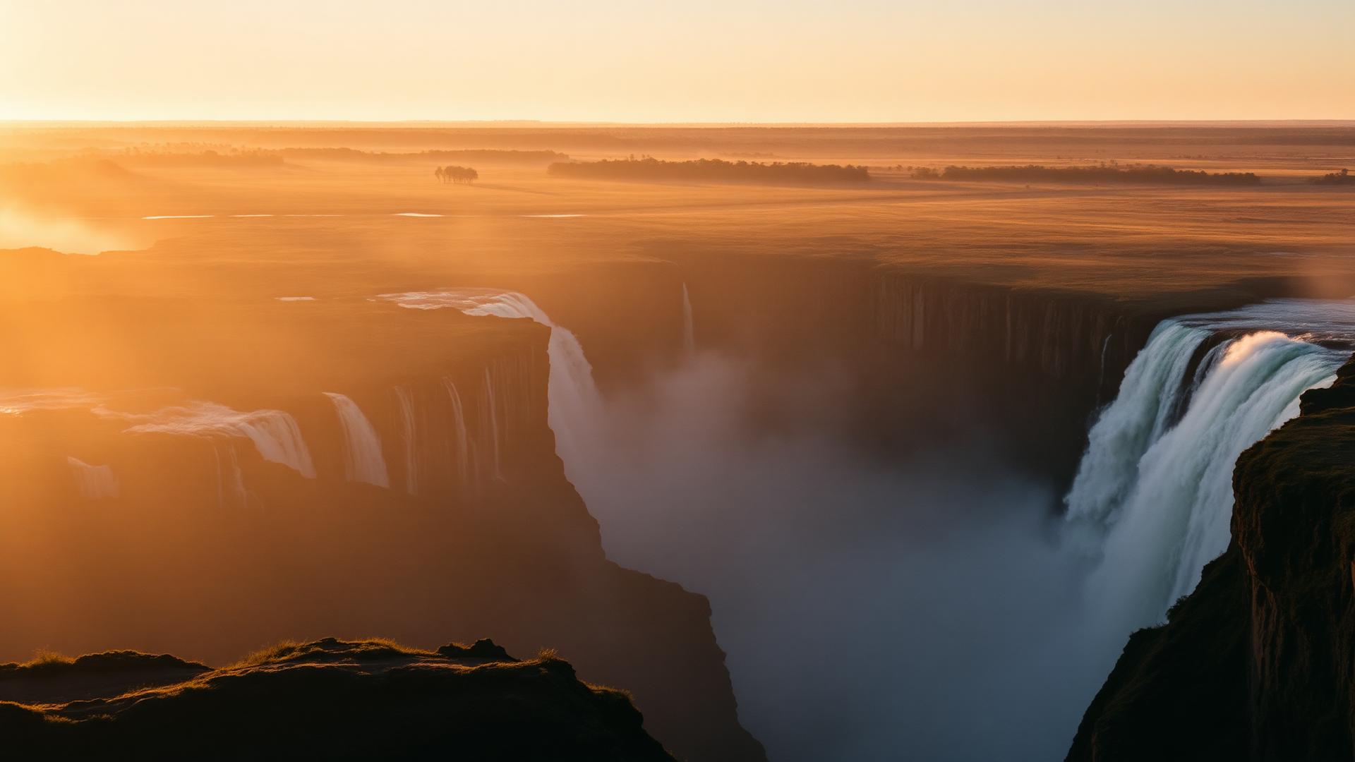 Victoria Falls at golden hour with mist rising over the Zambezi gorge